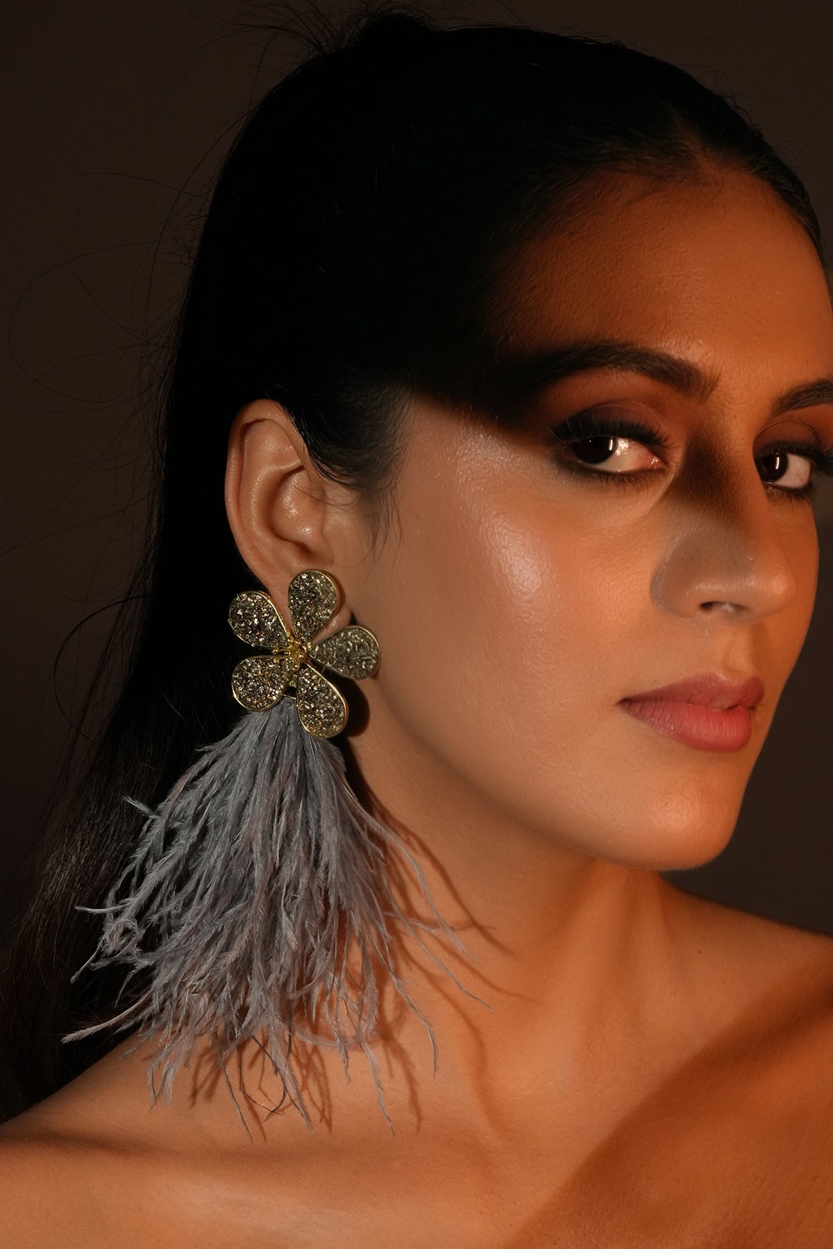 Gold Finish Grey Feather & Crystal Dangler Earrings