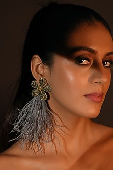 Gold Finish Grey Feather & Crystal Dangler Earrings