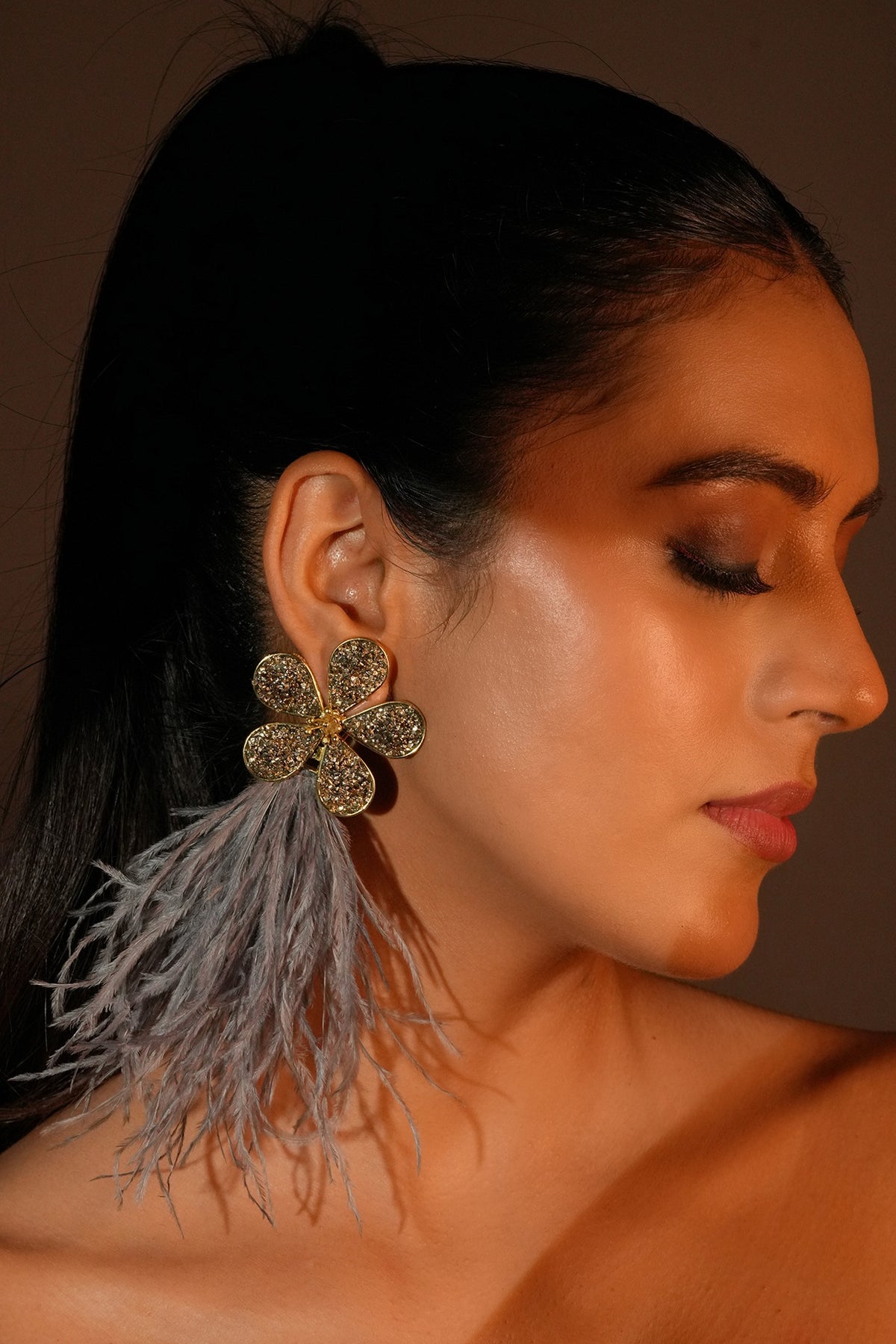 Gold Finish Grey Feather & Crystal Dangler Earrings