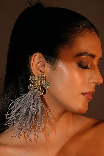 Gold Finish Grey Feather & Crystal Dangler Earrings