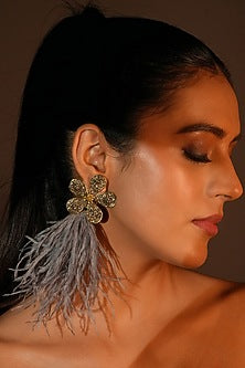 Gold Finish Grey Feather & Crystal Dangler Earrings