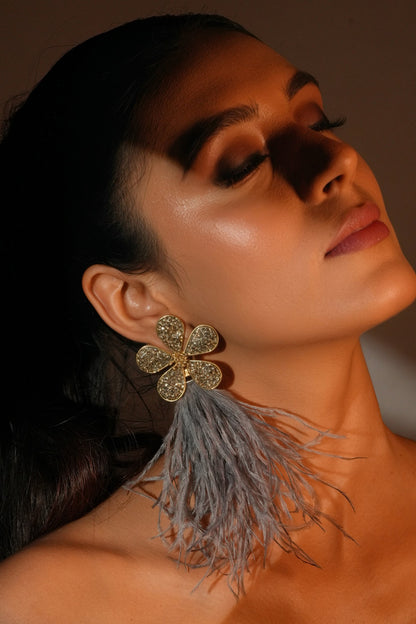 Gold Finish Grey Feather & Crystal Dangler Earrings