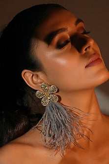 Gold Finish Grey Feather & Crystal Dangler Earrings