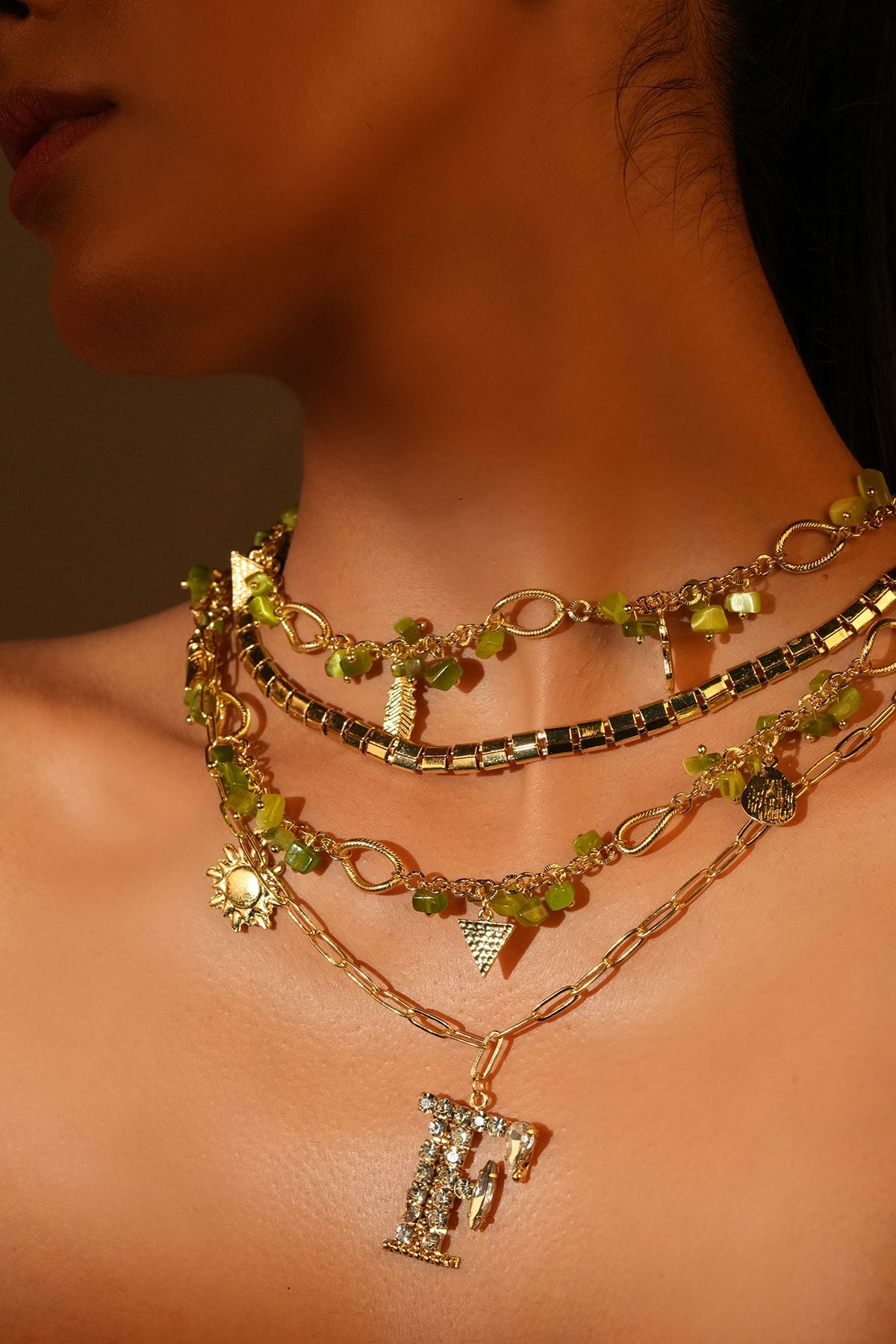 Gold Finish Crystal & Bead Initial Pendant Necklace