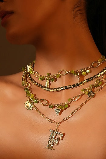 Gold Finish Crystal & Bead Initial Pendant Necklace