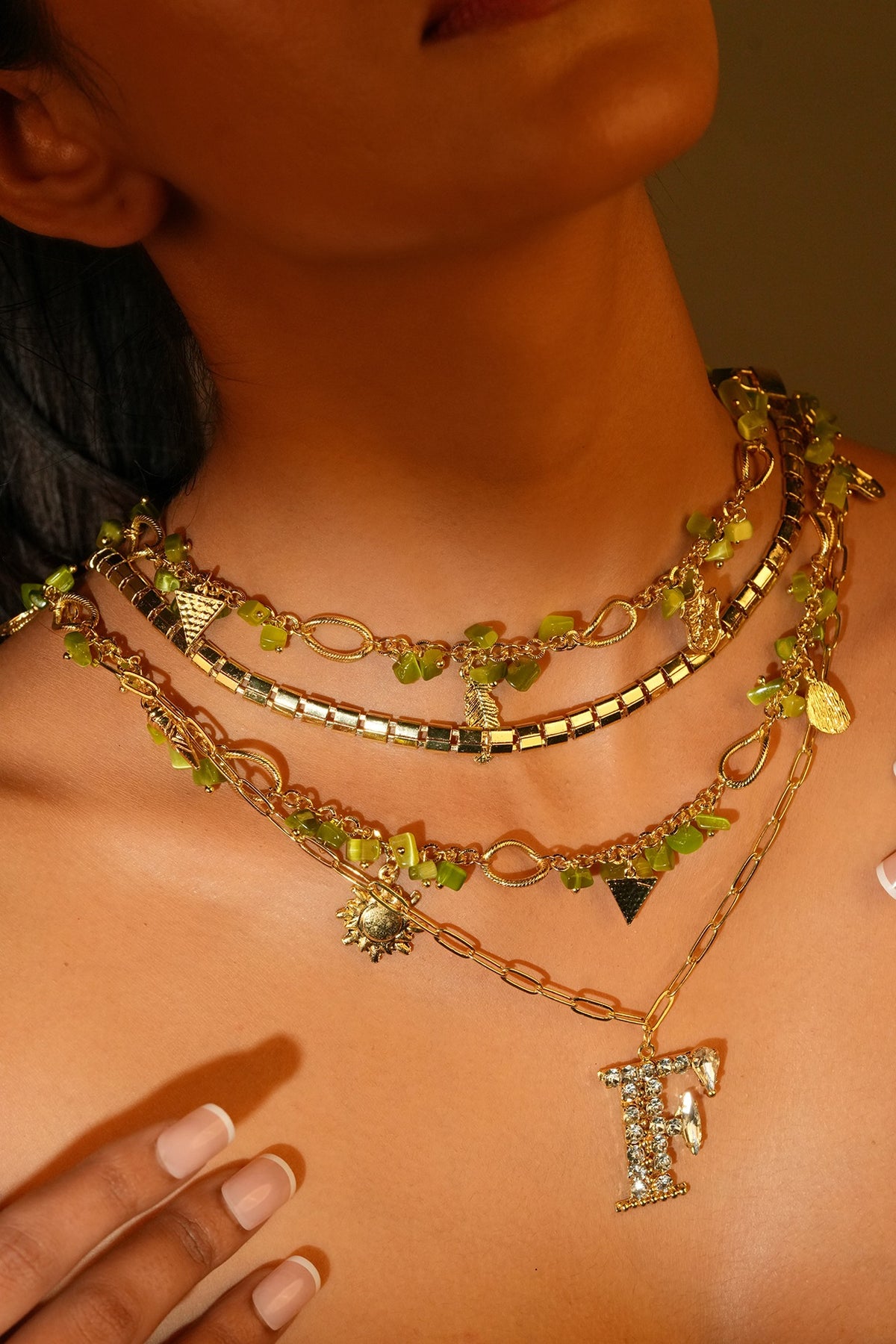 Gold Finish Crystal & Bead Initial Pendant Necklace