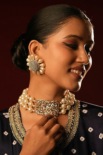 Gold Finish Crystal & Pearl Stud Earrings