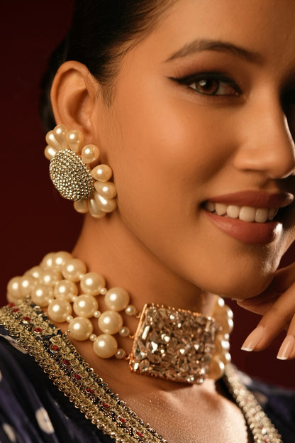Gold Finish Crystal & Pearl Stud Earrings
