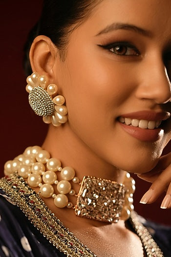 Gold Finish Crystal & Pearl Stud Earrings