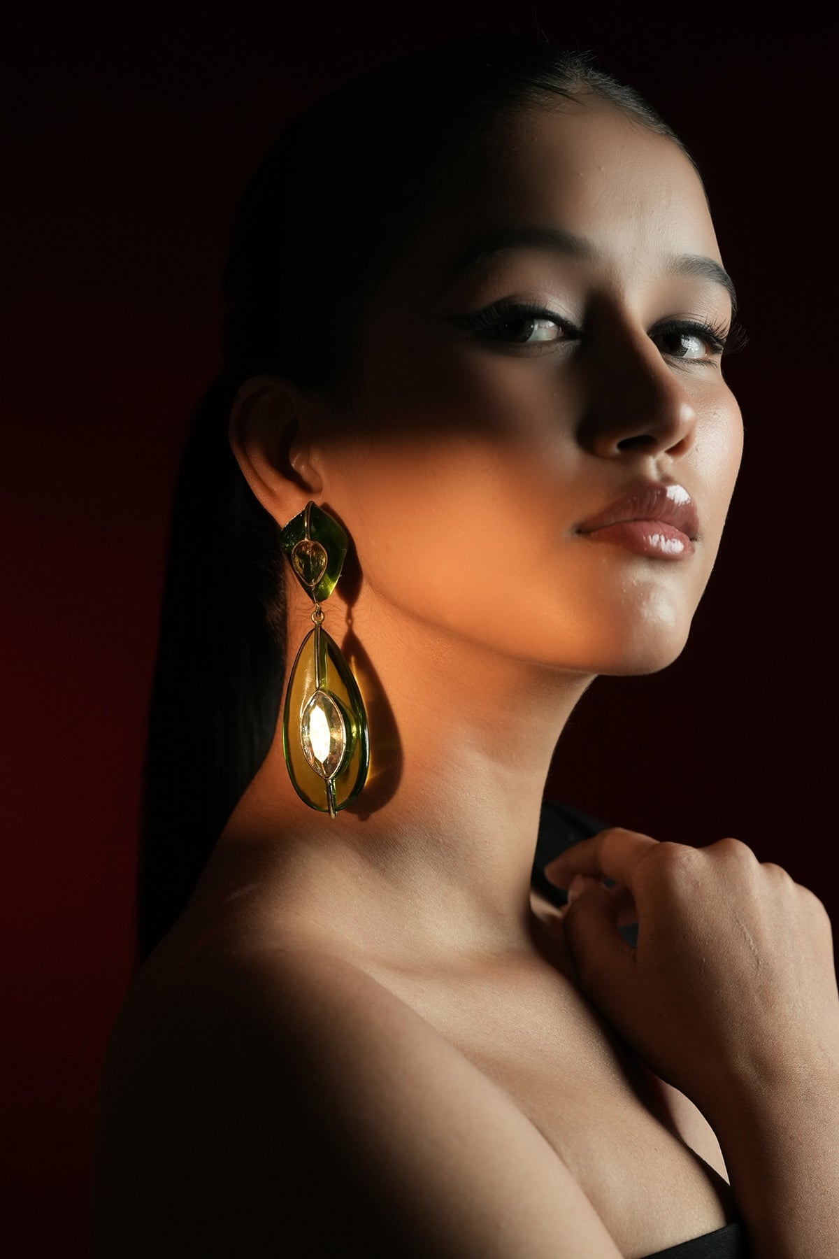 Gold Finish Crystal Leaf-Shaped Dangler Earrings