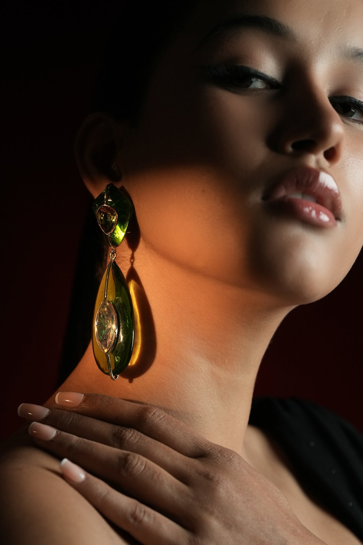 Gold Finish Crystal Leaf-Shaped Dangler Earrings
