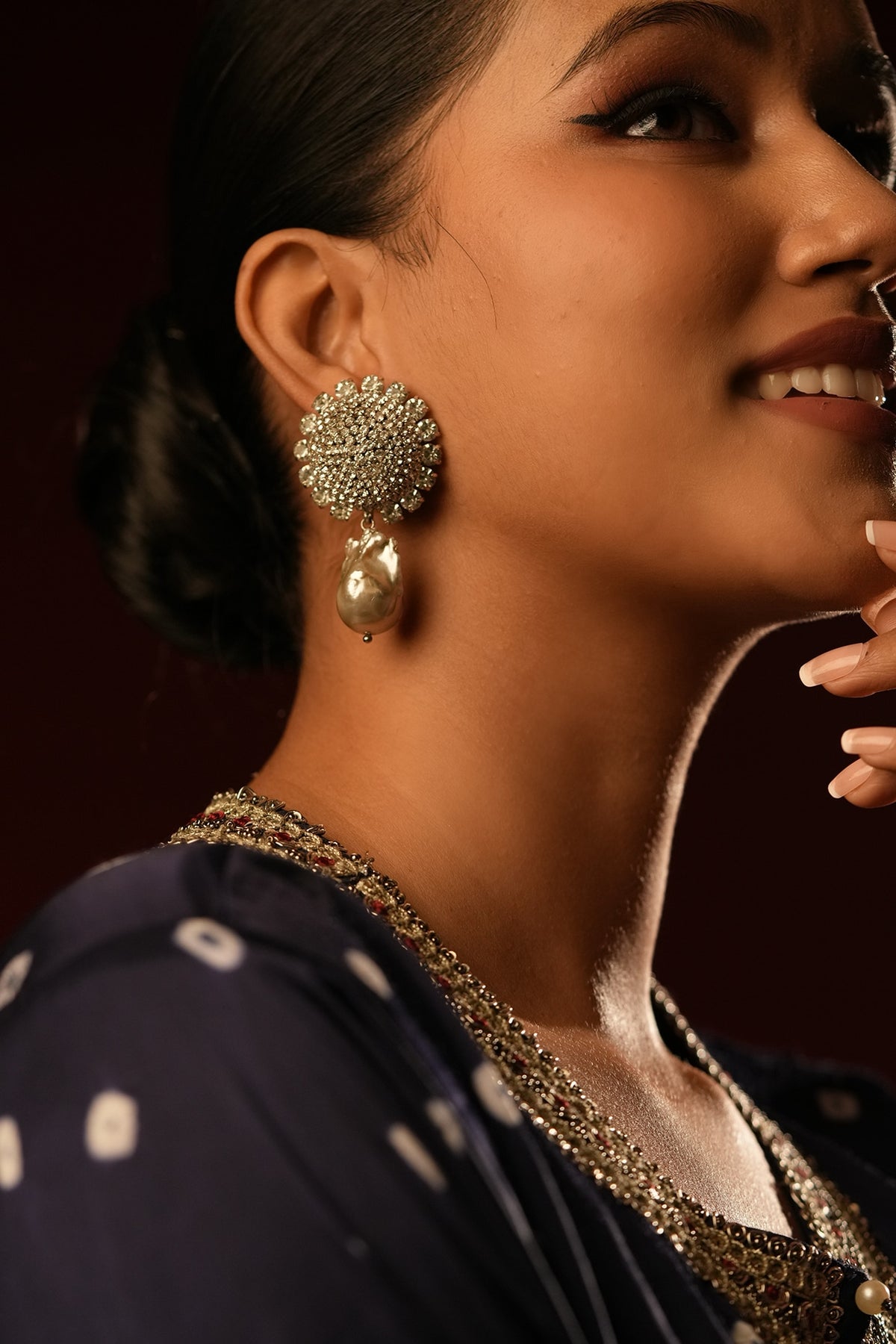 Gold Finish Crystal & Pearl Drop Dangler Earrings