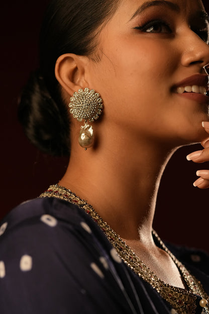 Gold Finish Crystal & Pearl Drop Dangler Earrings