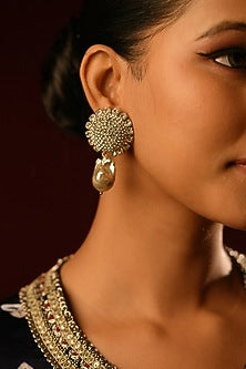 Gold Finish Crystal & Pearl Drop Dangler Earrings