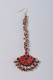 Gold Finish Red Crystal & Pearl Maangtikka