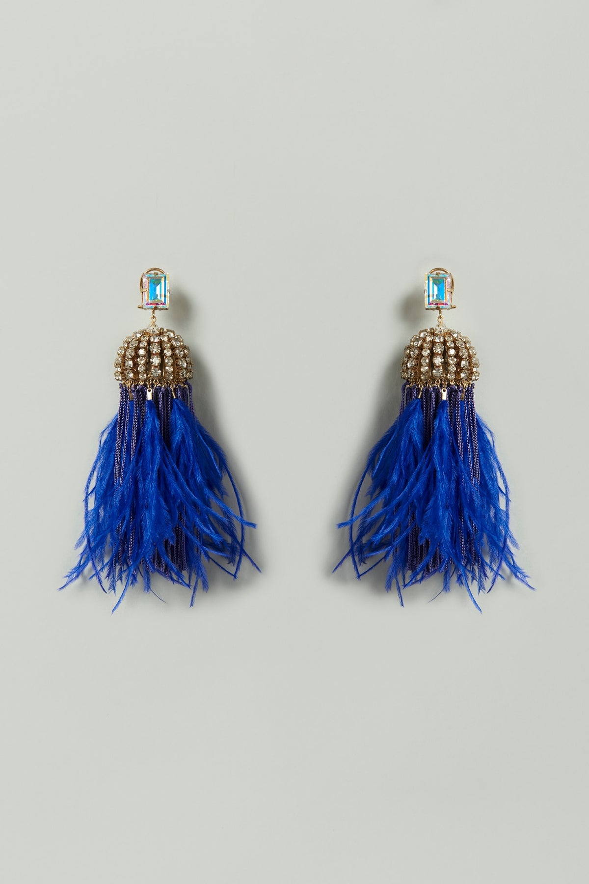 Royal Blue Crystal & Feather Embellished Earrings