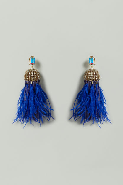 Royal Blue Crystal & Feather Embellished Earrings