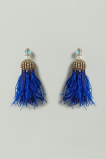 Royal Blue Crystal & Feather Embellished Earrings