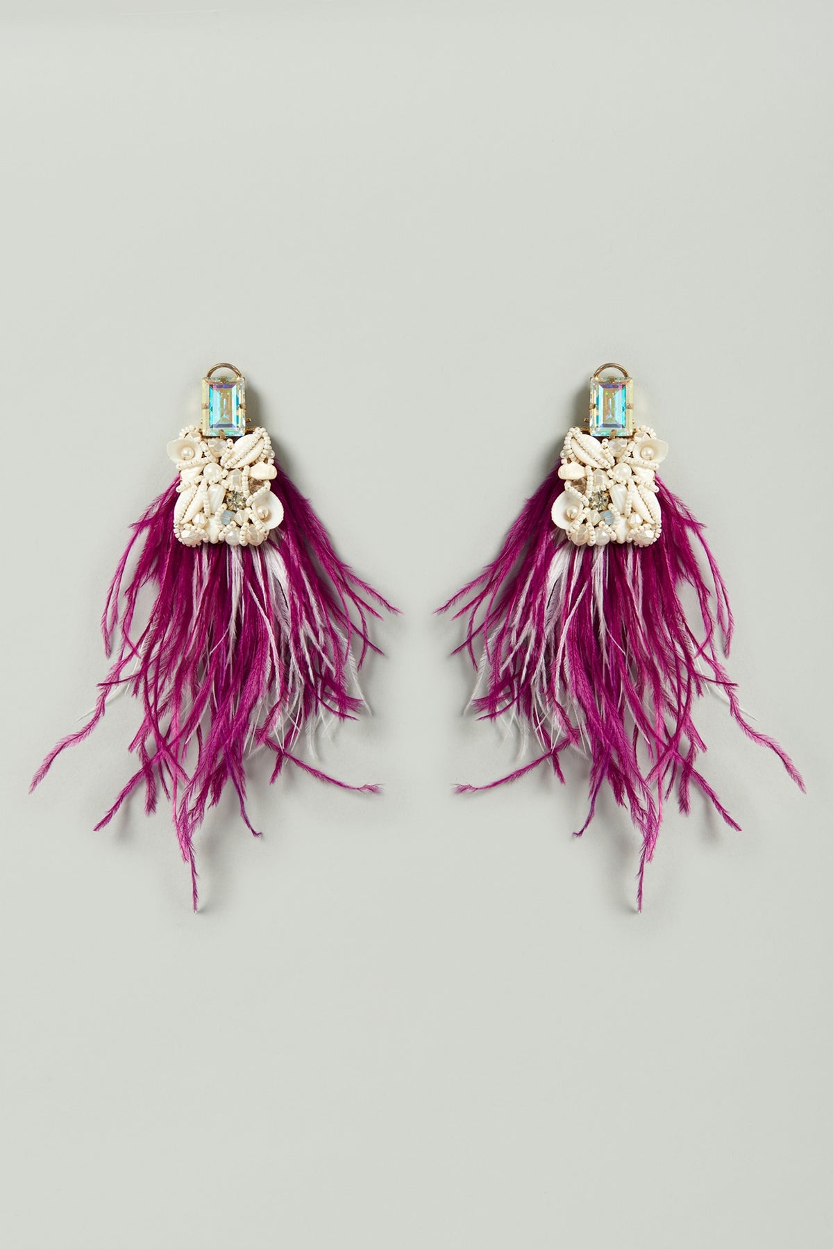 Purple & White Feathers & Shells Embellished Earrings