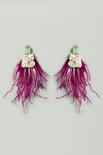 Purple & White Feathers & Shells Embellished Earrings