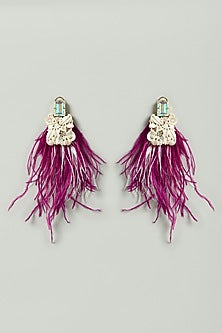 Purple & White Feathers & Shells Embellished Earrings