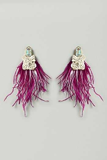 Purple & White Feathers & Shells Embellished Earrings