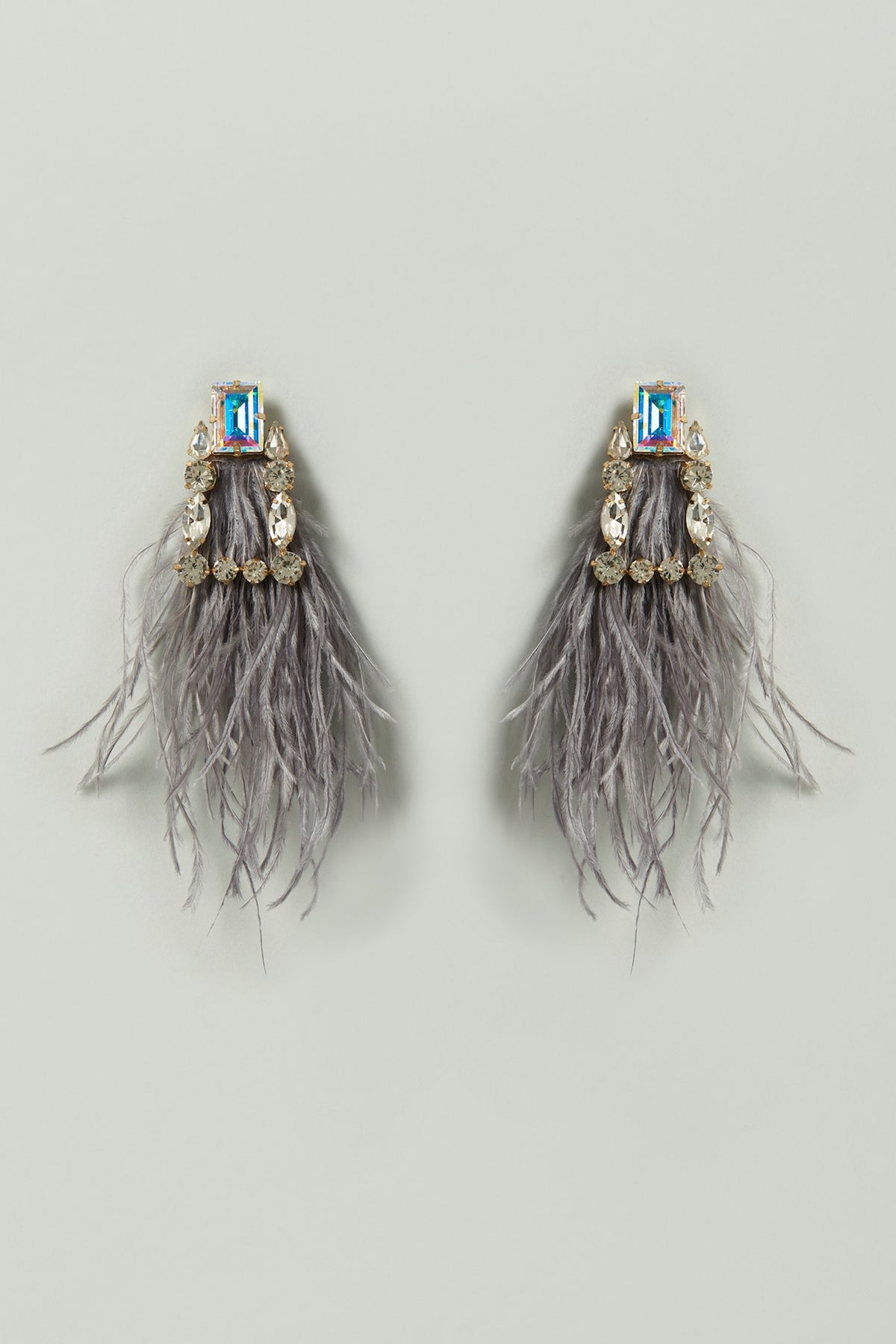 Grey Crystal & Feathers Embellished Earrings
