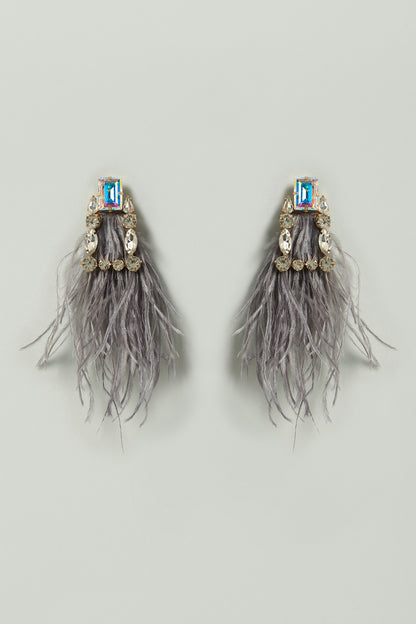 Grey Crystal & Feathers Embellished Earrings
