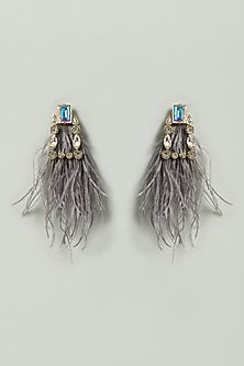 Grey Crystal & Feathers Embellished Earrings