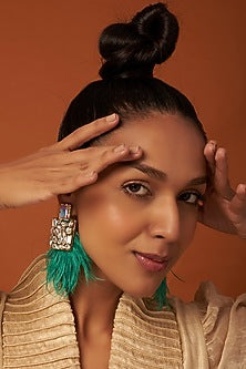 Gold Finish Dangler Earrings With Feathers