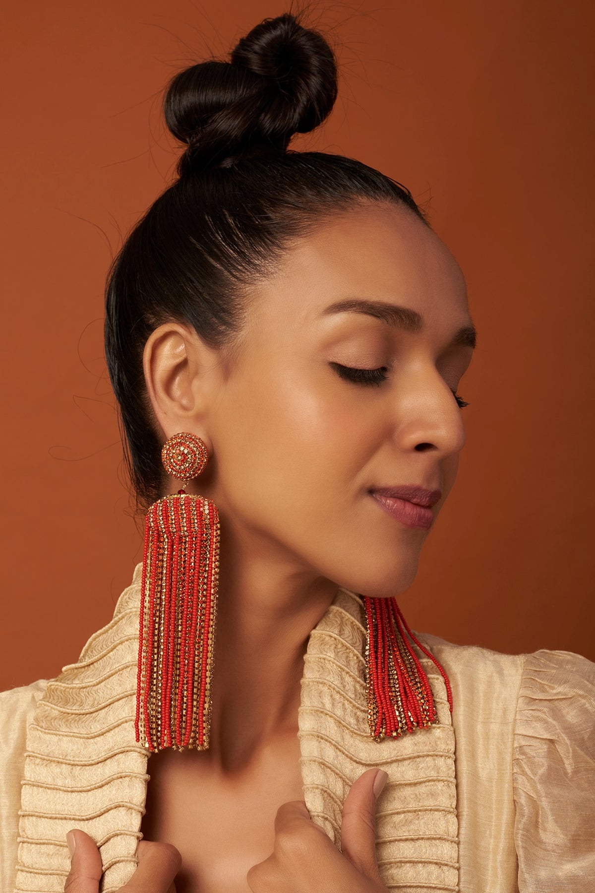 Gold Finish Beaded Waterfall Earrings