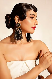 Black Crystal Feather Dangler Earrings