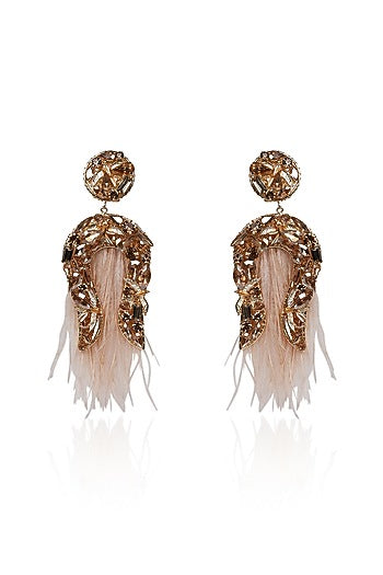 Gold Crystal Feather Dangler Earrings