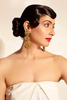 Gold Finish Sequins & Crystal Floral Dangler Earrings