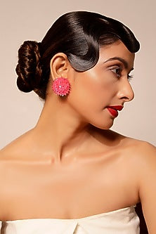 Bright Pink Sequins & Crystal Floral Stud Earrings