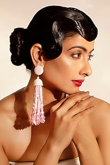 Pink Crystal & Beaded Tassel Dangler Earrings