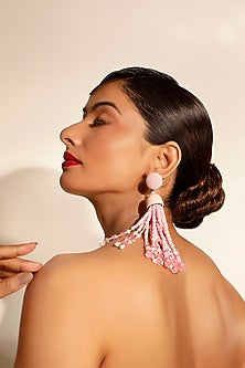 Pink Crystal & Beaded Tassel Dangler Earrings