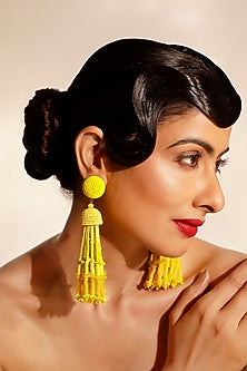 Yellow Crystal & Beaded Tasseled Dangler Earrings