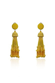Yellow Crystal & Beaded Tasseled Dangler Earrings