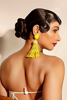 Yellow Crystal & Beaded Tasseled Dangler Earrings