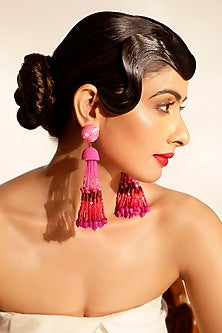 Pink Crystal & Beaded Tasseled Dangler Earrings