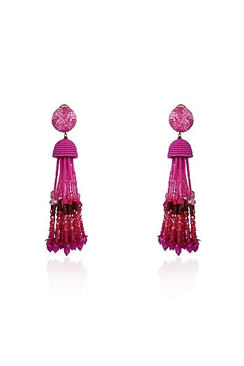 Pink Crystal & Beaded Tasseled Dangler Earrings