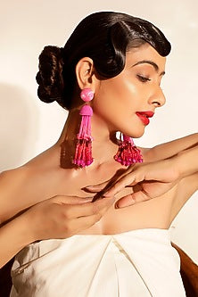 Pink Crystal & Beaded Tasseled Dangler Earrings