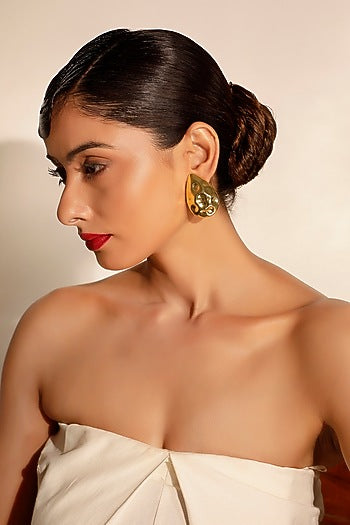 Gold Hammered Finish Crystal Teardrop Stud Earrings