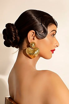 Gold Hammered Finish Heart Dangler Earrings