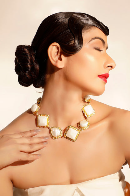 Gold Finish Resin & Pearl Necklace