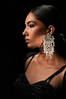 Silver Crystal & Pearl Chandbali Earrings