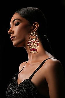 Red Crystal & Semi-Precious Stone Chandelier Jhumka Earrings