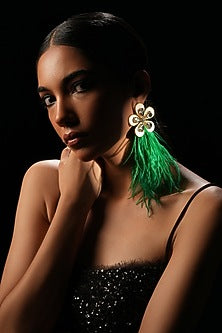Green Crystal & Feather Floral Dangler Earrings