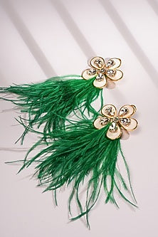 Green Crystal & Feather Floral Dangler Earrings